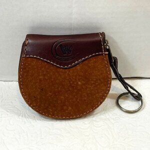 VTG Brown Leather Suede Coin Wallet Change Zip Purse Pouch Key Chain